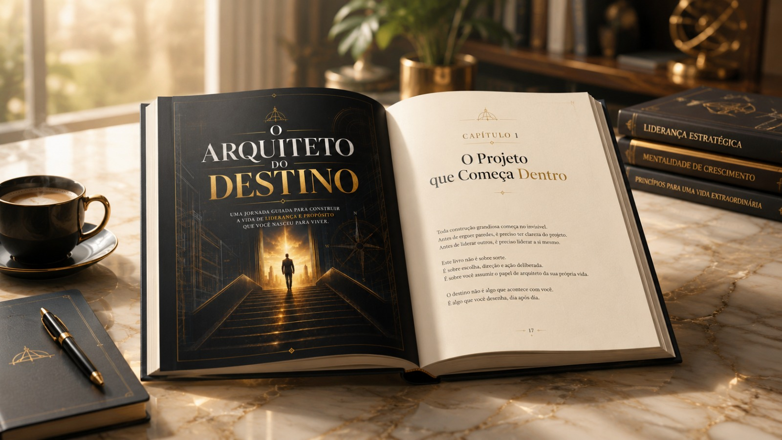 Livro O Arquiteto do Destino aberto sobre mesa clara ao lado de caderno e caneta.
