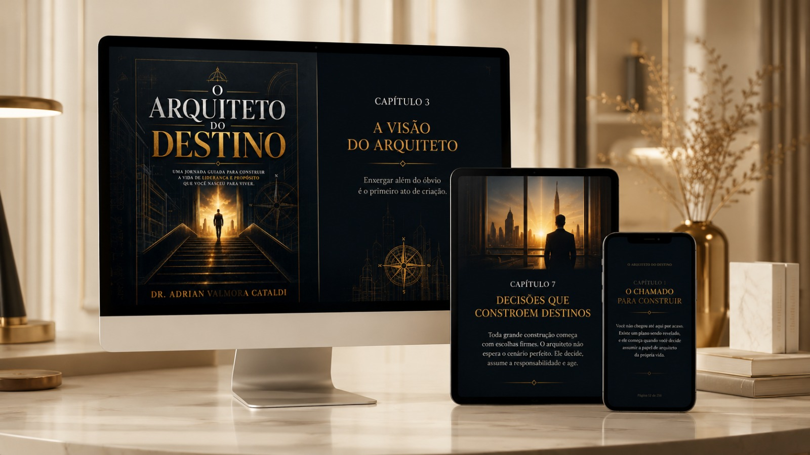 Livro digital O Arquiteto do Destino exibido no computador, tablet e celular.