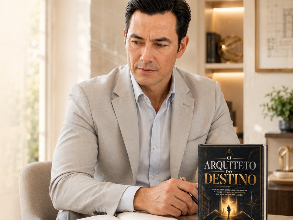 Autor sentado à mesa ao lado do livro O Arquiteto do Destino.